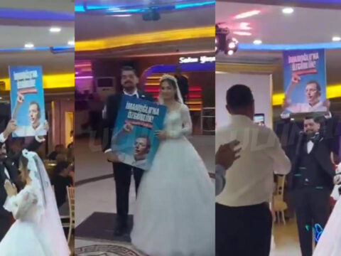 Gelin ve damat düğüne “İmamoğlu’na özgürlük” döviziyle girdi